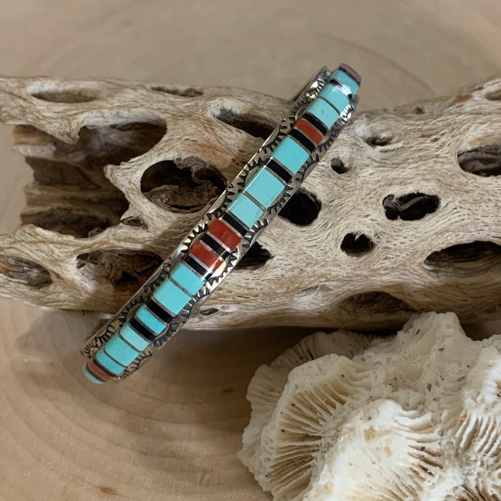 Navajo Robert Henry Jr Sterling Multi Stone Stamped Cuff Bracelet SIGNED Silver
